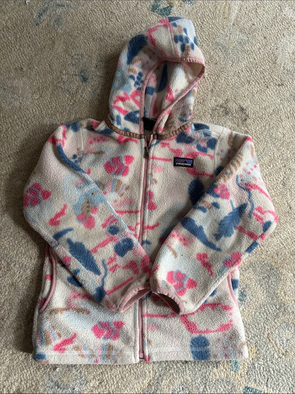 Patagonia Kids Floral Hooded Fleece Jacket in Pink, Blue & Cream